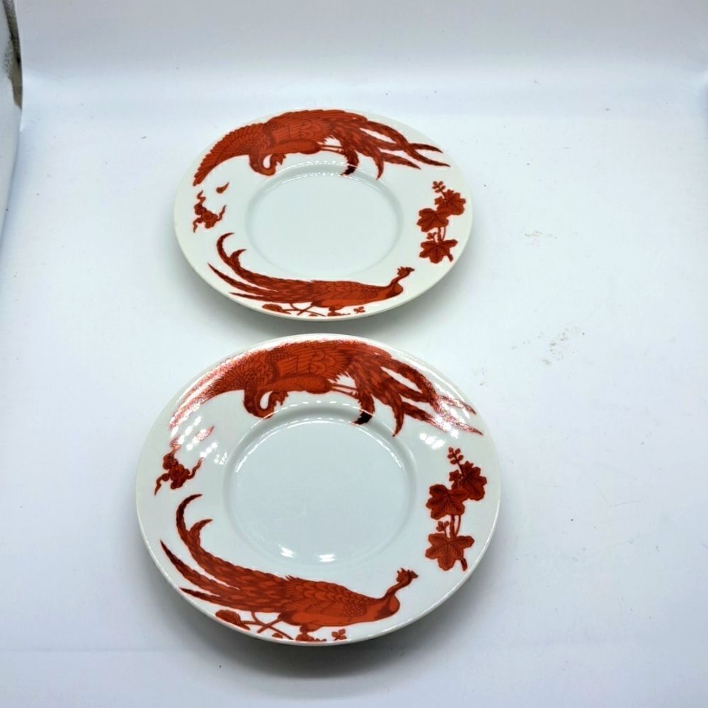 Neiman Marcus Vintage Plate Red Peking Peacock Glazed Porcelain Dishes Set of 2